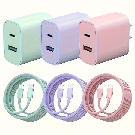[Dual Fast | Rapid Charging] Rapid 20W Dual Fast USB-C Power Adapter | 6ft Type-C Cable, Compatibility for iPhone 15 Series, iPad, & More | Available in Purple, Pink, Green, White, Fast Phone Charger