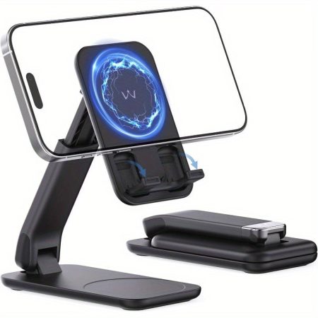 Magnetic Cell Phone Stand for Desk, Angle and Height Adjustable Mobile Phone Holder, Foldable Magnet Stand for iPhone 16 15 14 13 12 Pro Max and for ipad, Cell Phone Holder for Samsung for galaxy, Black
