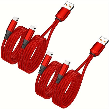 2-Pack Nylon Braided Dual USB-C Splitter Charging Cables - 4FT 2-in-1 USB-A to Multi Type-C Charge & Data Sync Cord for iPhone 15, iPad Pro/Air, Samsung S24, Moto, Google Pixel 8, LG - Glossy Finish, 36V Max